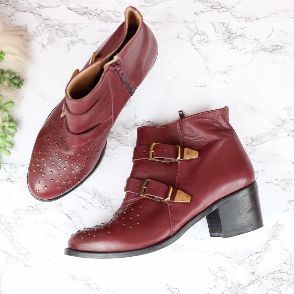 Topshop Austin Burgundy Leather Studded Ankle Boots Size 38/7.5 women's
